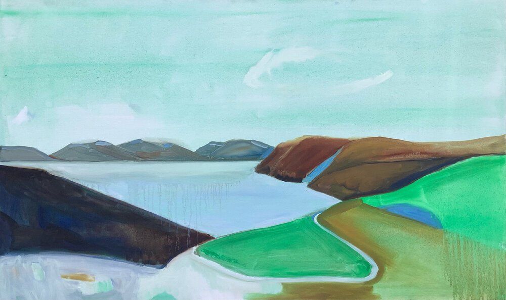 It is a painting of a landscape with mountains in the background.