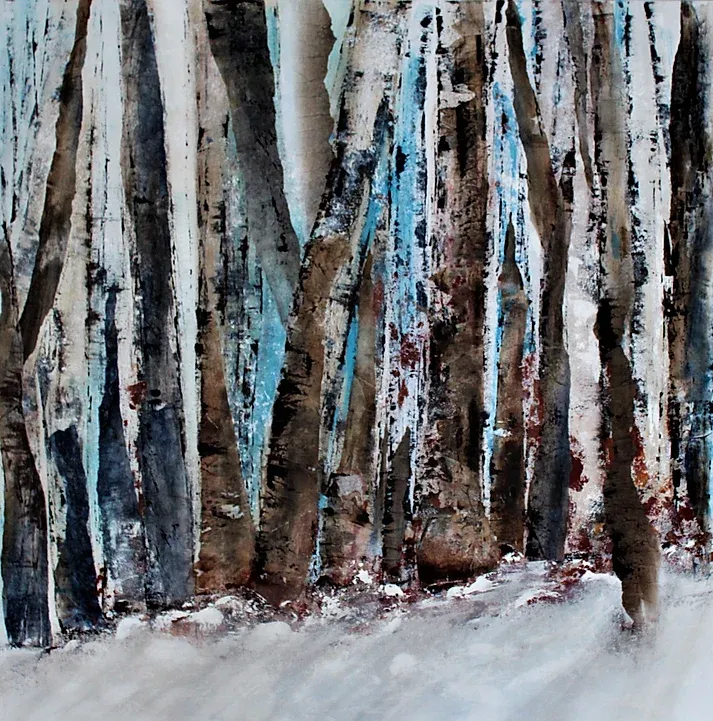 A painting of trees with icicles hanging from them