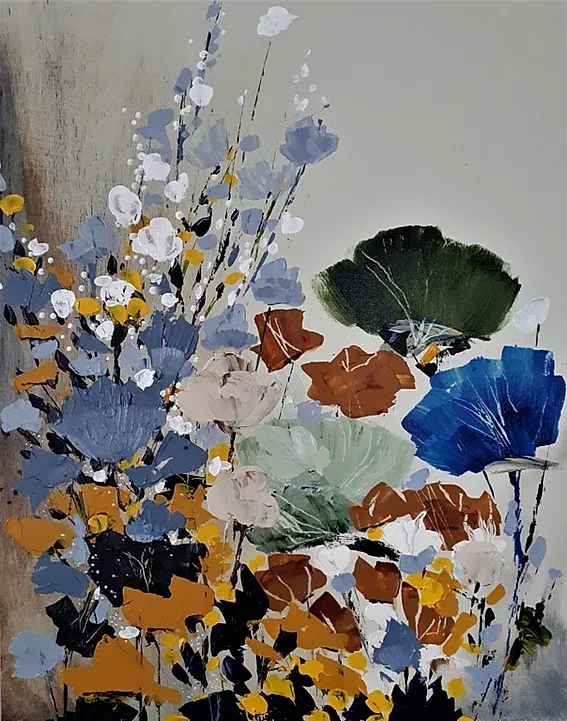 A painting of a bunch of different colored flowers