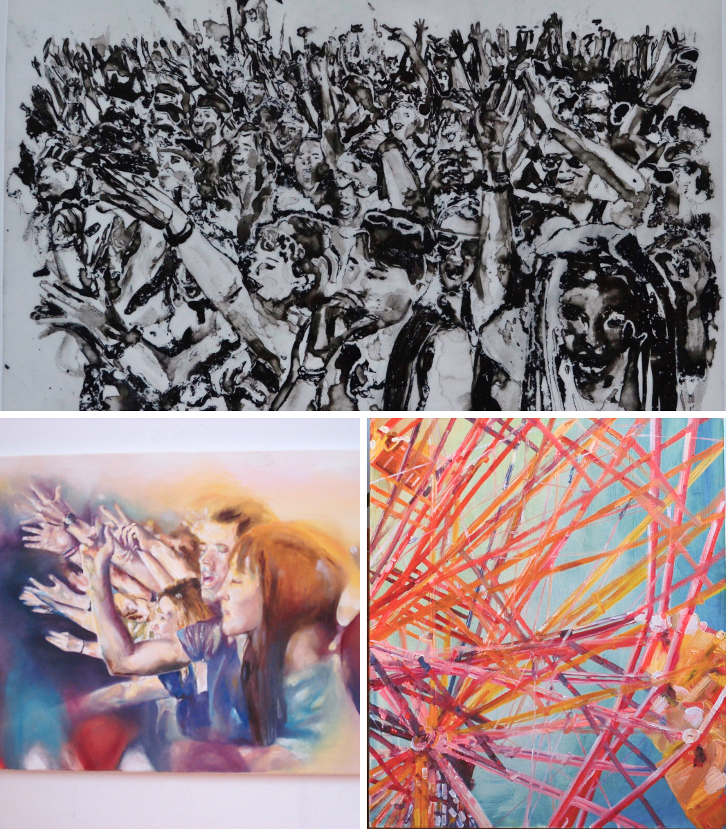 A collage of three paintings including one of a crowd of people