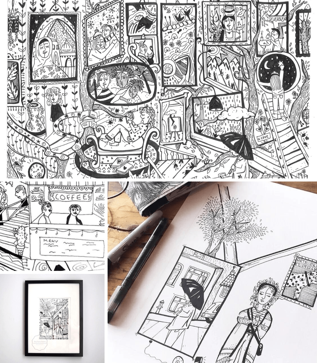 A collage of black and white drawings on a table.
