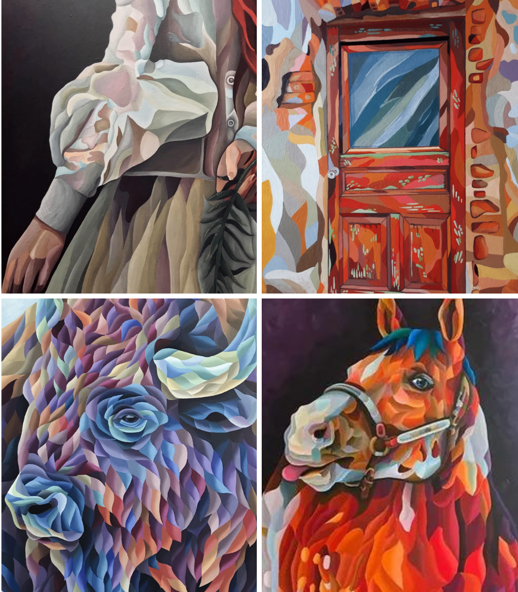 Four paintings of a woman a bison a horse and a door