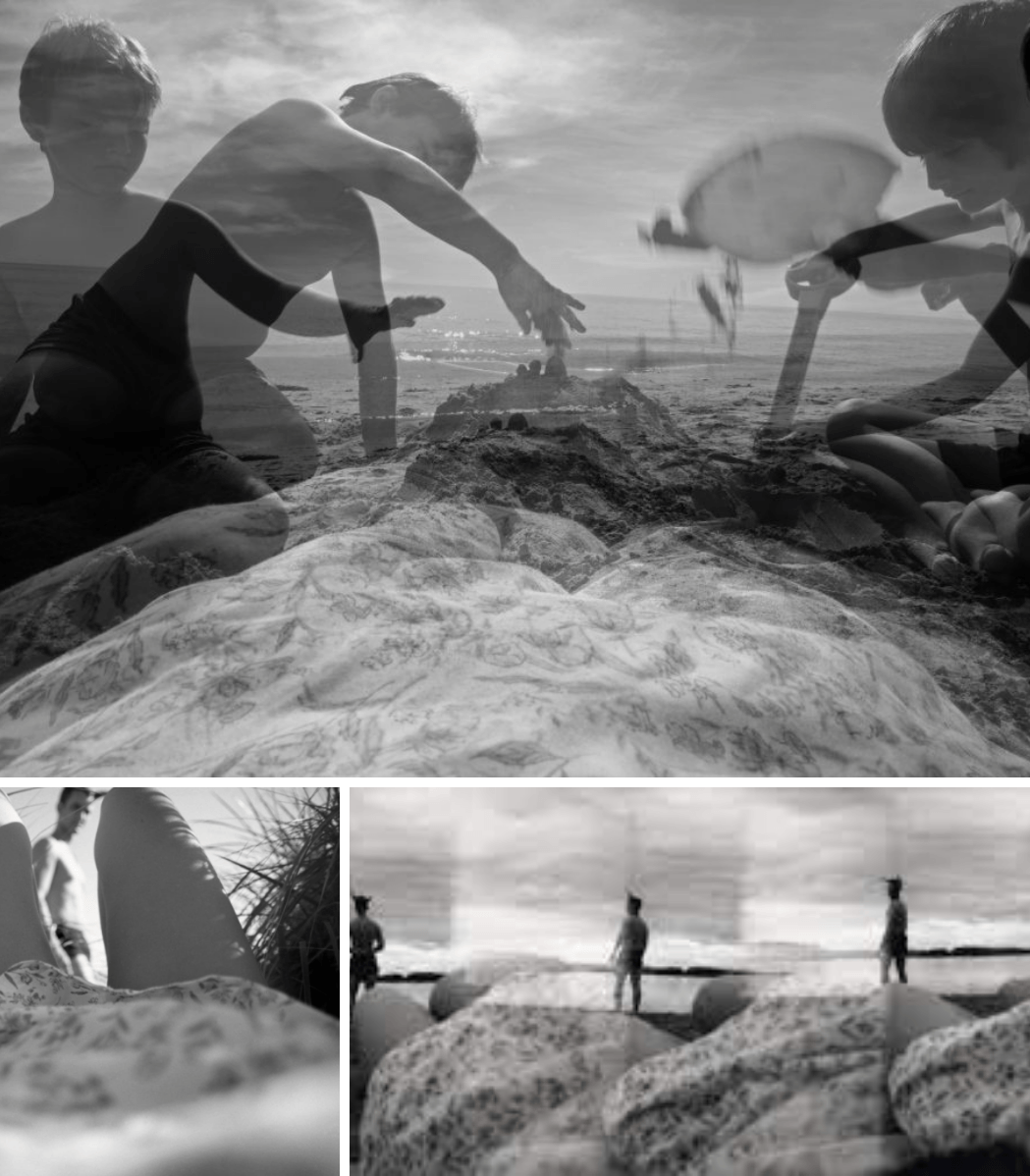 A collage of black and white photos of people on a beach