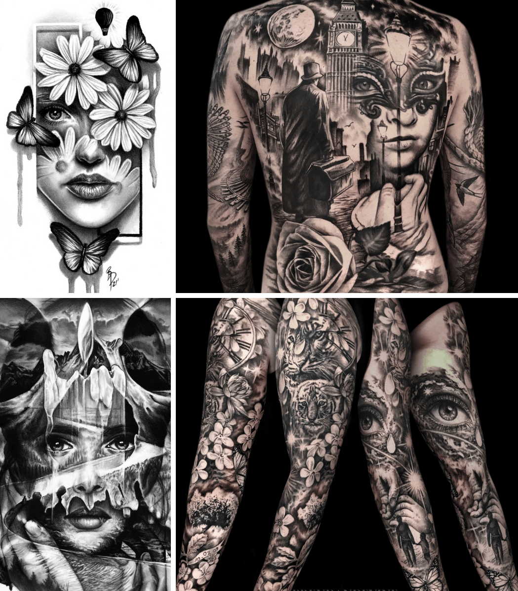 A collage of black and white tattoos on a person 's body