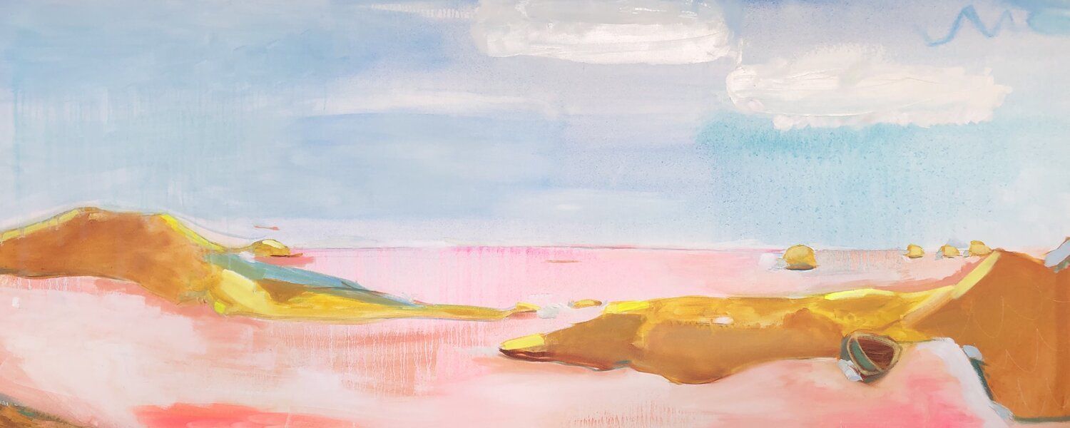 It is a painting of a landscape with mountains and a blue sky.