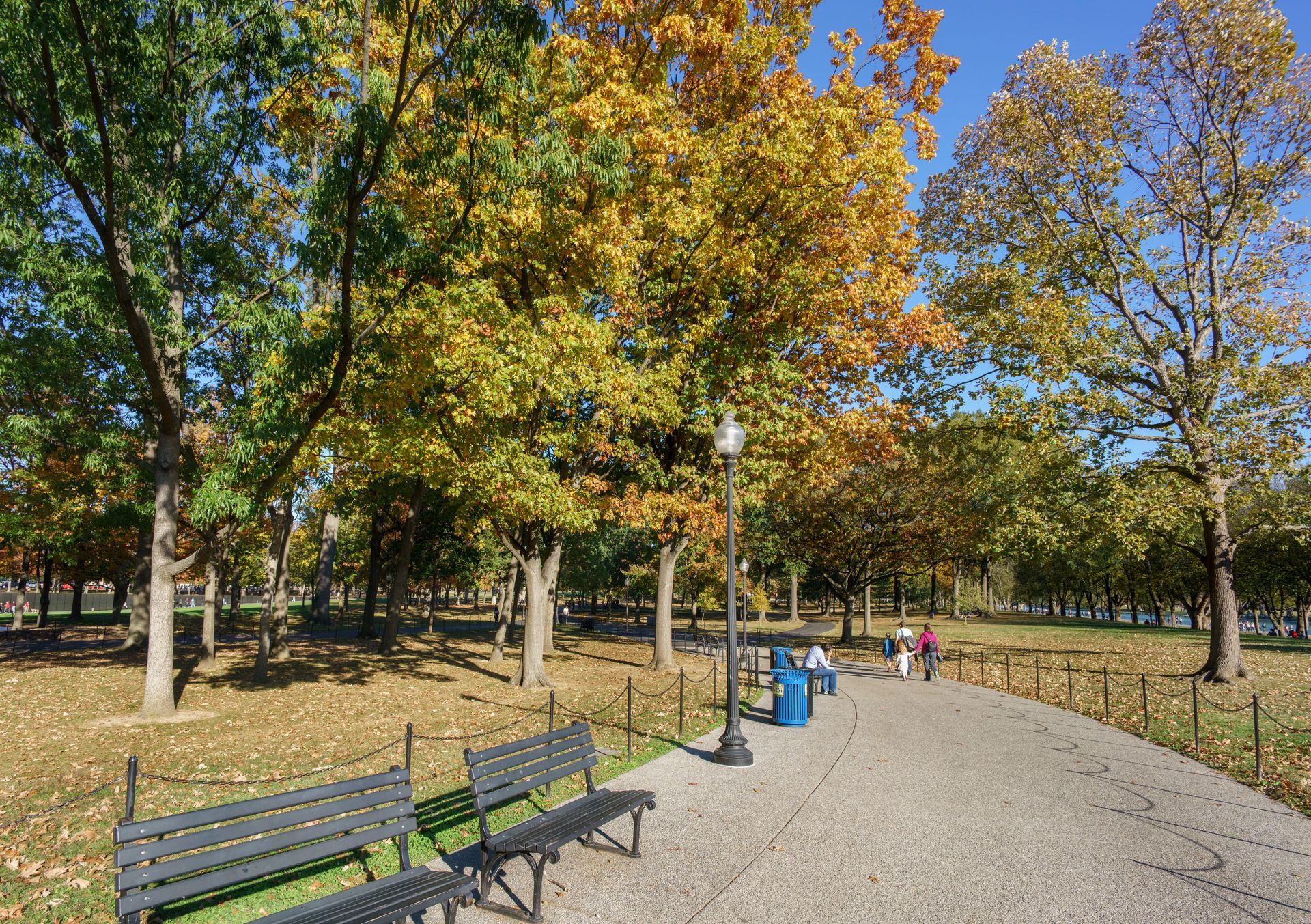 Park path lined with trees displaying autumn foliage. Benches, trash can, and people walking are visible.