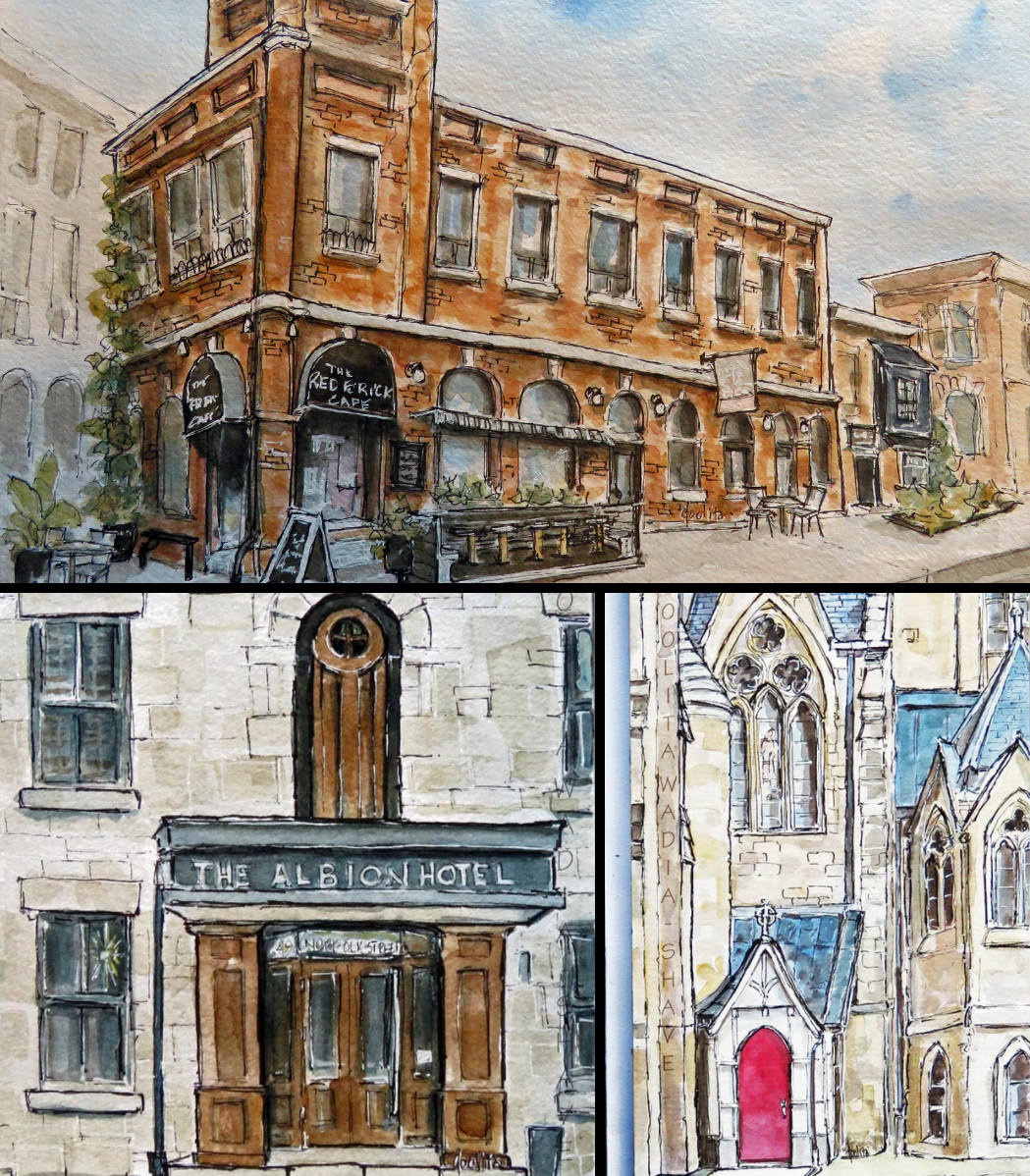 A collage of three paintings of buildings including the albert hotel