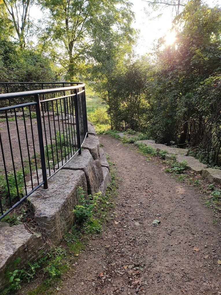 A dirt path with a fence and trees on the side of it.