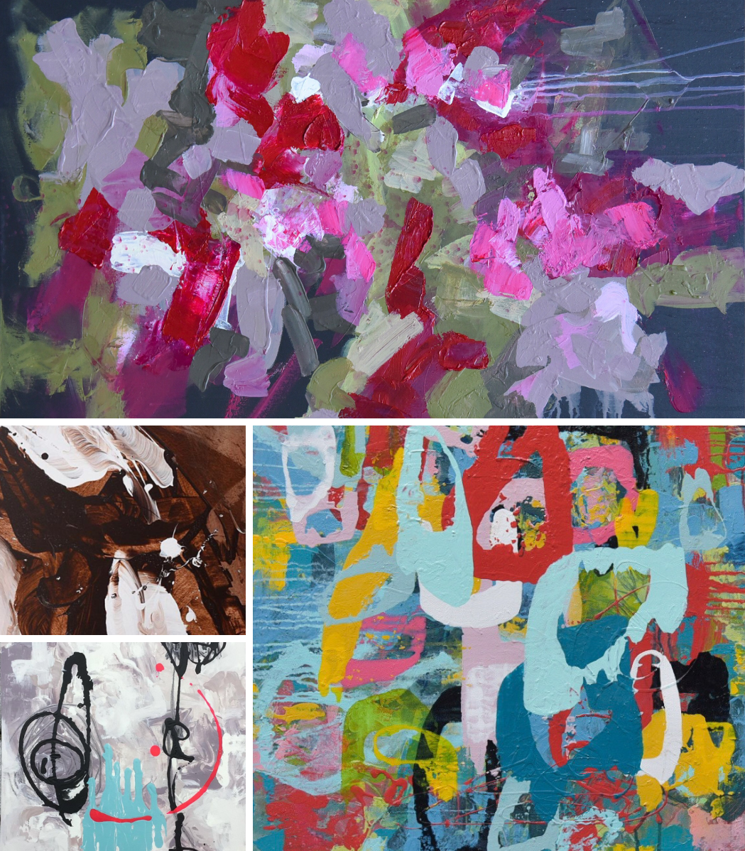 A collage of four different paintings including one with a treble clef