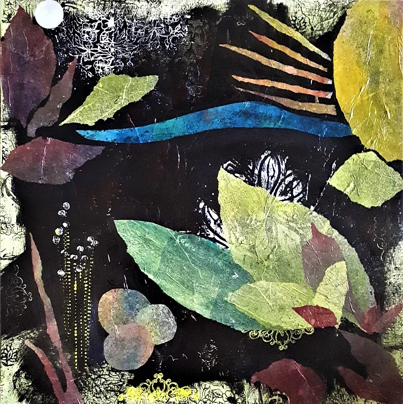 A painting of leaves on a black background