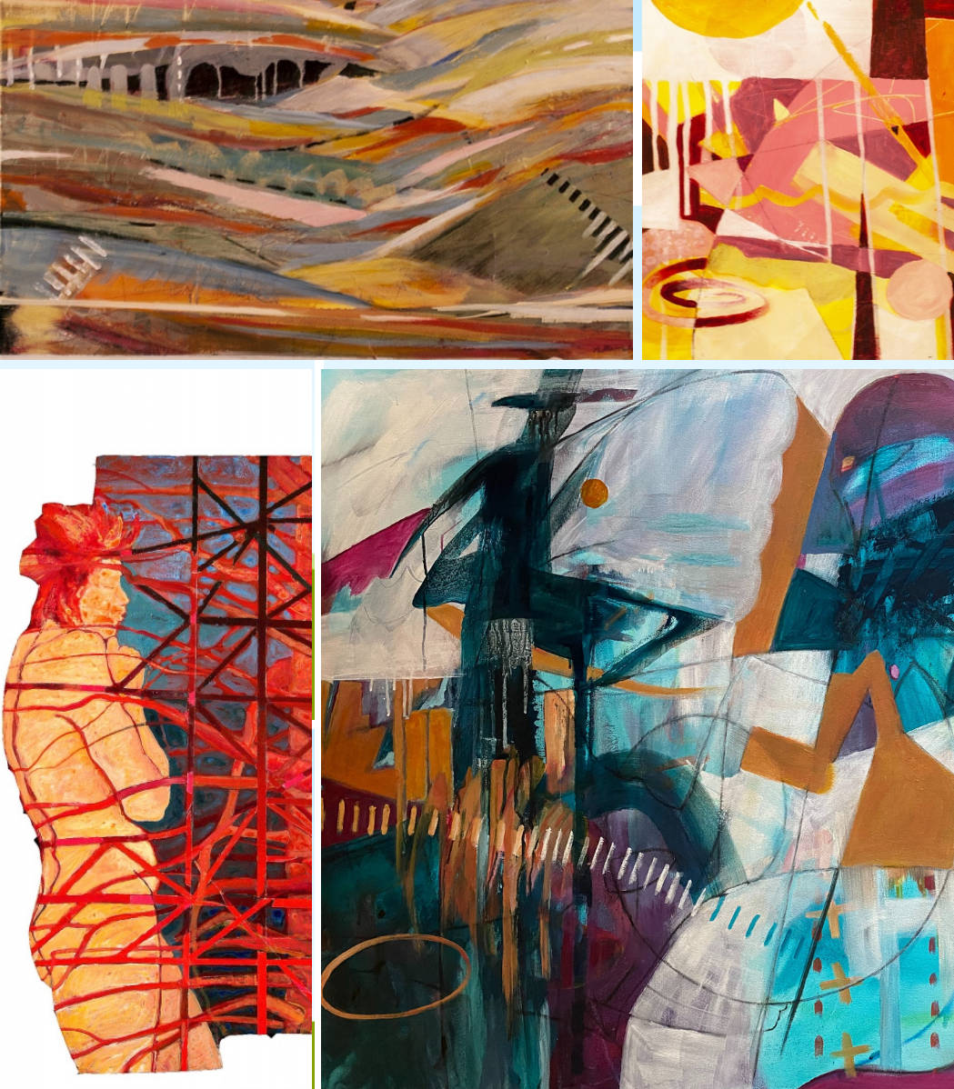 A collage of colorful paintings including one of a man in a hat