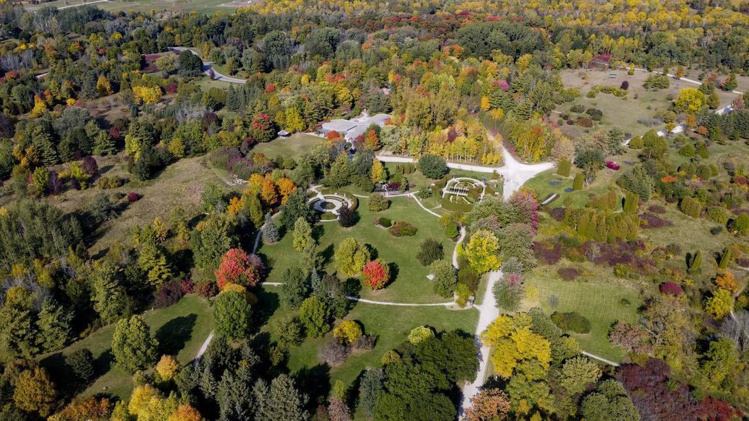 An aerial view of a park filled with lots of trees and grass.