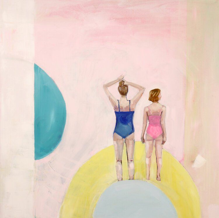 A painting of two women in bathing suits standing next to each other