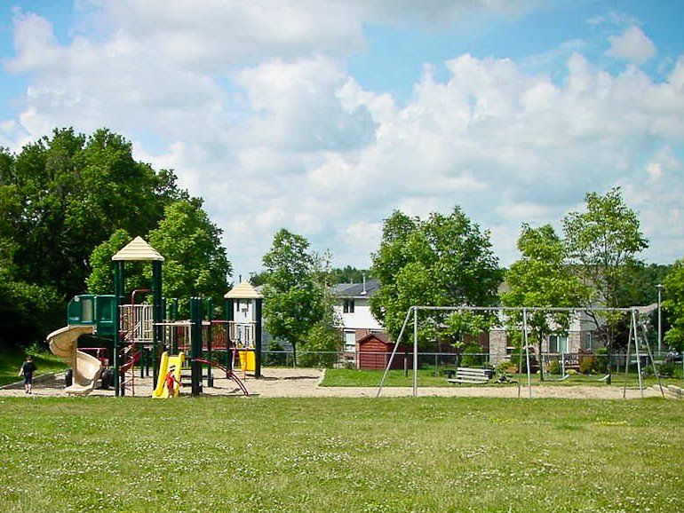 A playground with a slide and swings in a grassy field