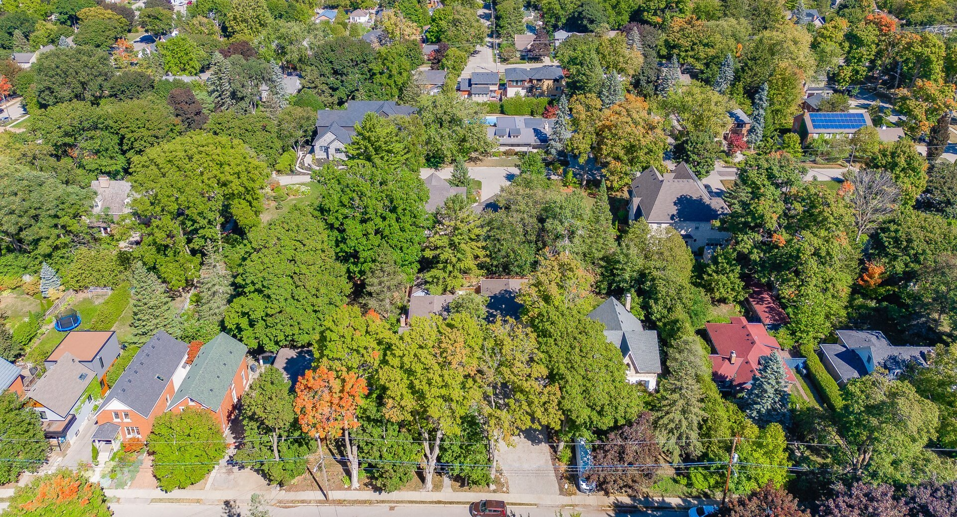 An aerial view of a residential area filled with lots of trees and houses.