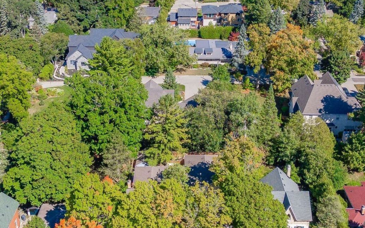 An aerial view of a residential neighborhood with several houses surrounded by dense, green and autumn-colored trees.