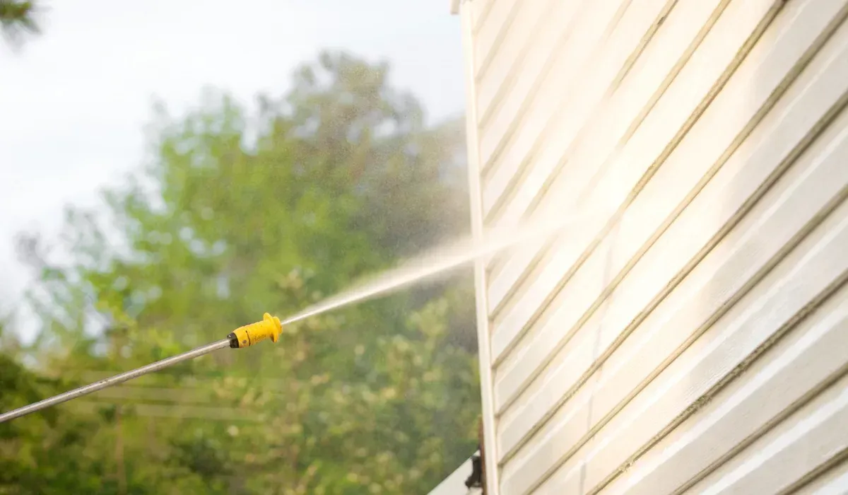 A person is using a high pressure washer to clean the side of a house.