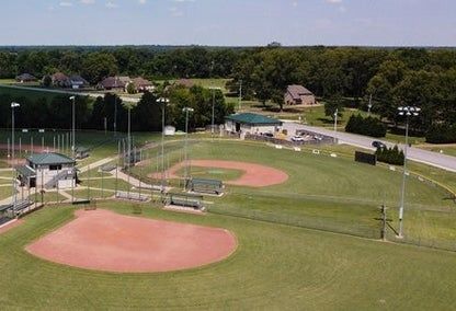 Baseball field with two diamonds, dugouts, and trees in background.
