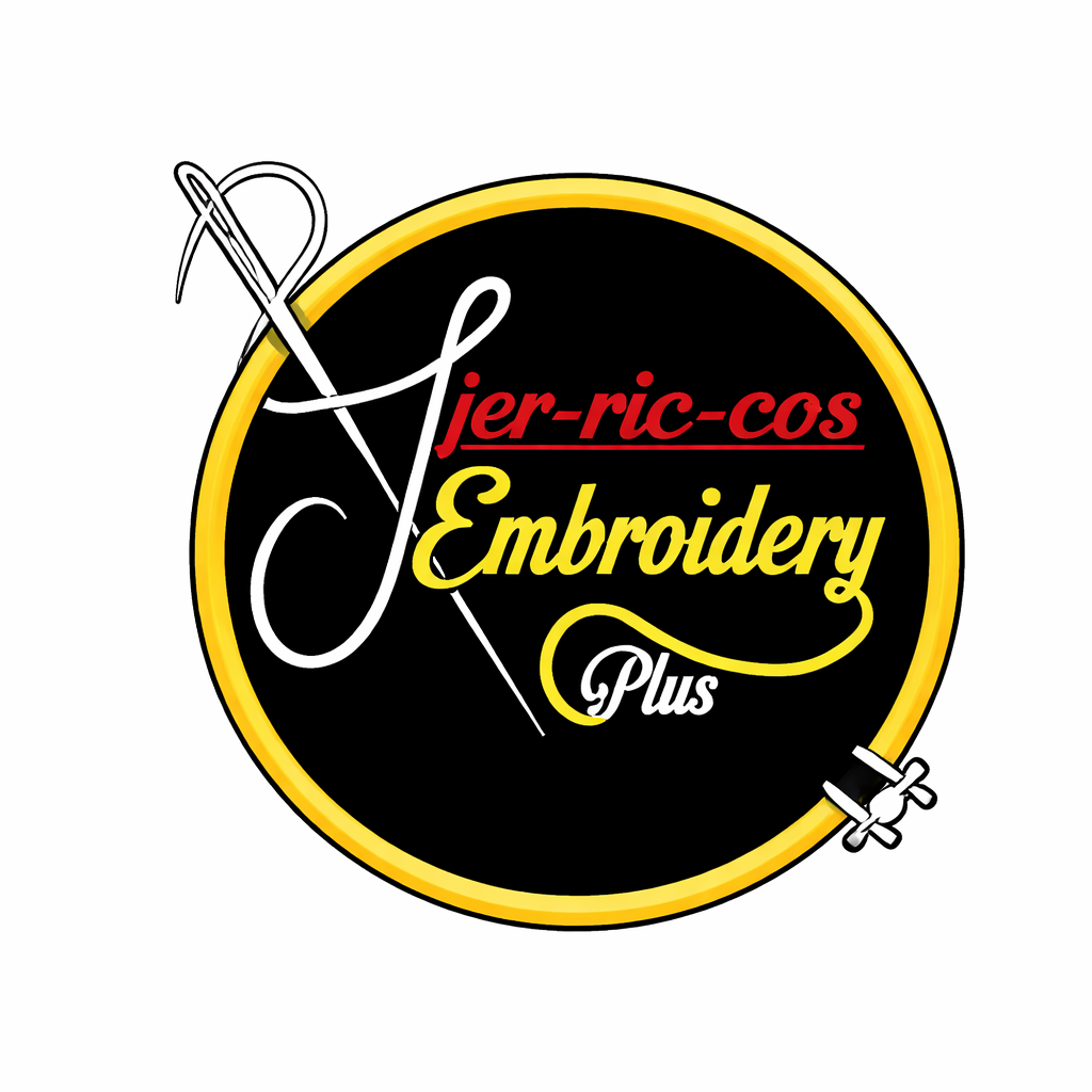 A circular logo with a needle and thread, reading "jer-ric-cos Embroidery Plus" in yellow and red on a black background.