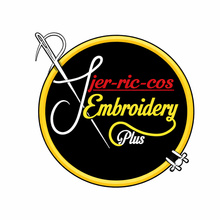 A circular logo with a needle and thread, reading "jer-ric-cos Embroidery Plus" in yellow and red on a black background.