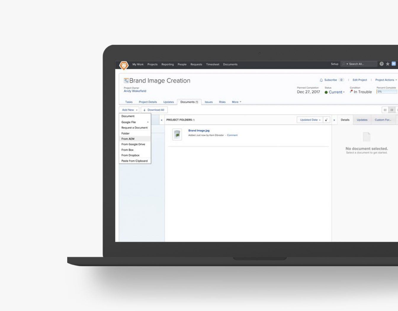 Workfront user interface screenshot on laptop