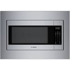 A stainless steel microwave oven with a black screen on a white background.