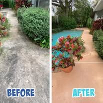 Before-and-after patio makeover: gray concrete path transformed into a tan walkway with potted plants.