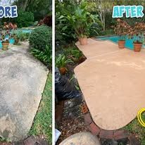 Before-and-after patio: cracked concrete replaced with smooth tan pavers beside garden plants.