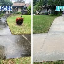 Before-and-after of a sidewalk and lawn: wet, damaged concrete replaced by a clean, dry walkway.