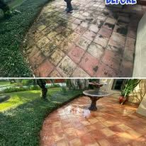Before-and-after patio cleaning: dirty brick walkway transformed to clean, wet terracotta tiles around a fountain.