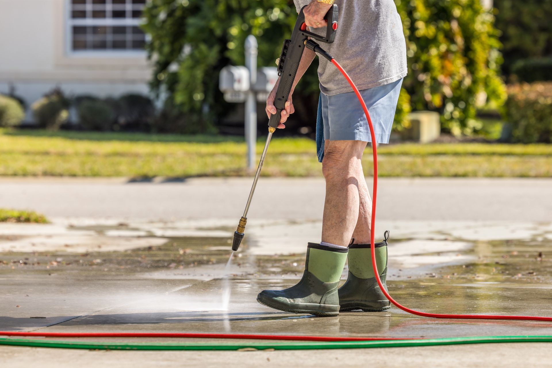 Person pressure-washing a driveway with a hose, wearing green boots and shorts.