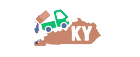 Green truck and cargo spilling out over a brown outline of Kentucky with "KY" in white.