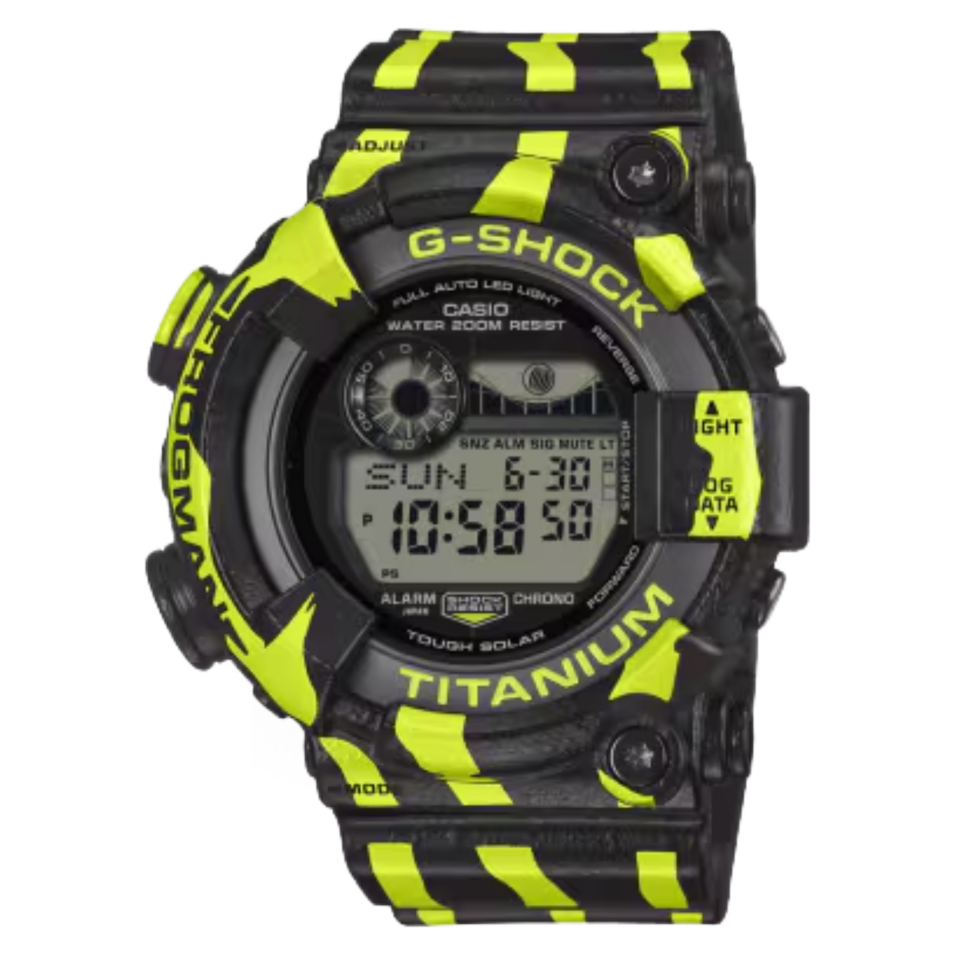 Zwart-gele G-Shock horloge met digitaal display, gemerkt met 