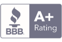 BBB A+ Rating logo. A stylized flame and bowl next to "A+ Rating".