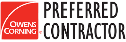 Owens Corning Preferred Contractor logo: red square with white curved line and text "Owens Corning", "PREFERRED CONTRACTOR"