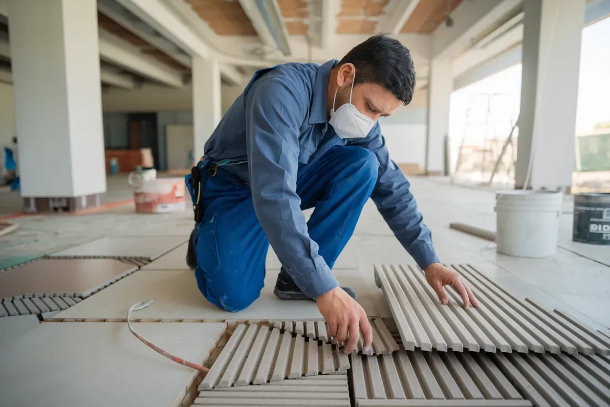A man wearing a mask is installing tiles on the floor.