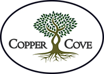 The logo for copper cove is a tree with roots and leaves.