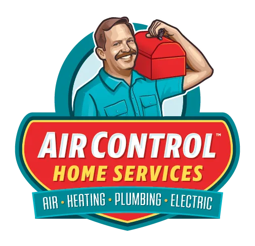 The logo for air control home services shows a man holding a toolbox
