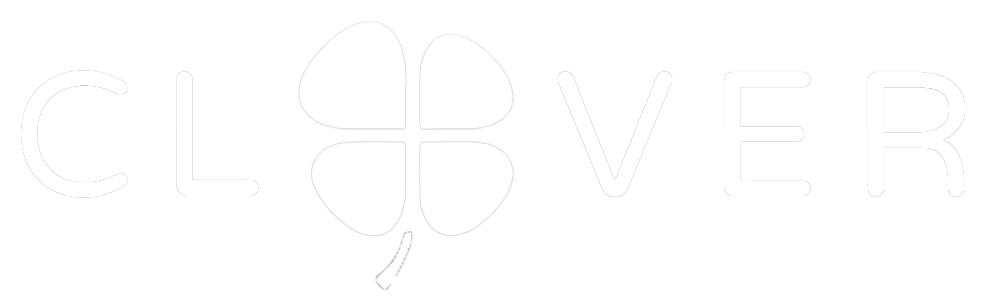 A white logo with a clover and the word clover on a white background.