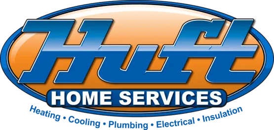 A blue and orange logo for huff home services