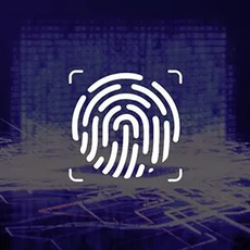 A fingerprint is being scanned on a purple background.