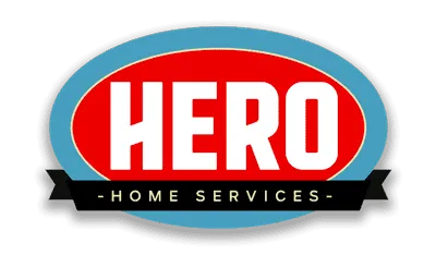 A red and blue logo for hero home services