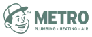 A metro plumbing heating and air logo with a smiling man in a hat.