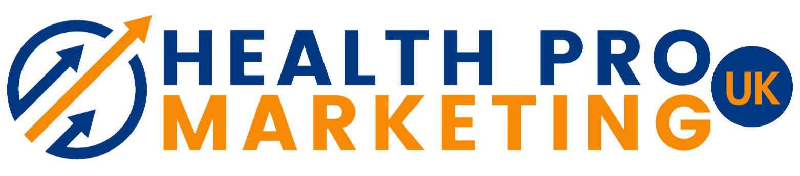 A blue and orange logo for health pro marketing uk