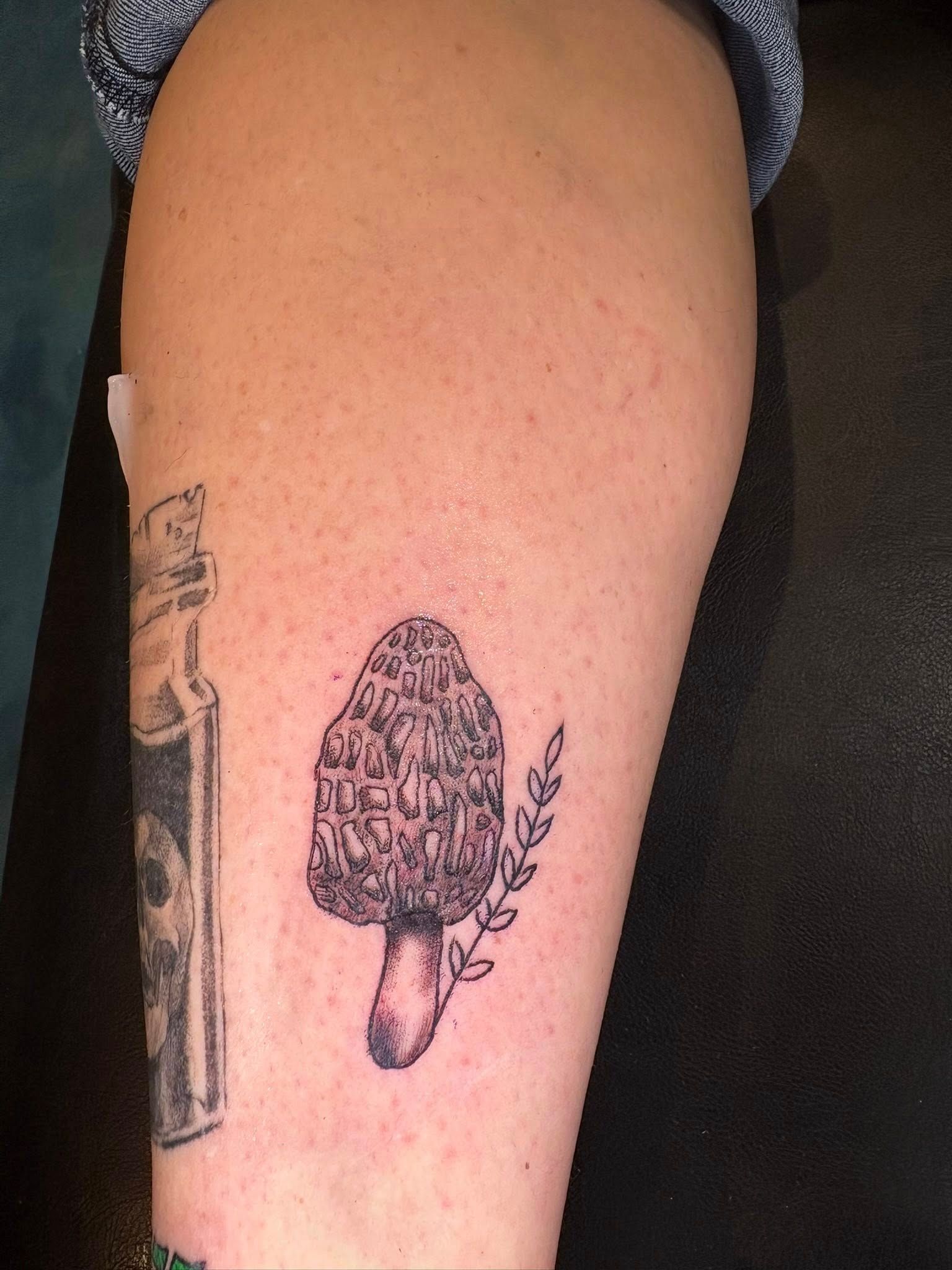 A forearm tattoo of a morel mushroom with a small sprig beside it, next to a portion of another tattoo.