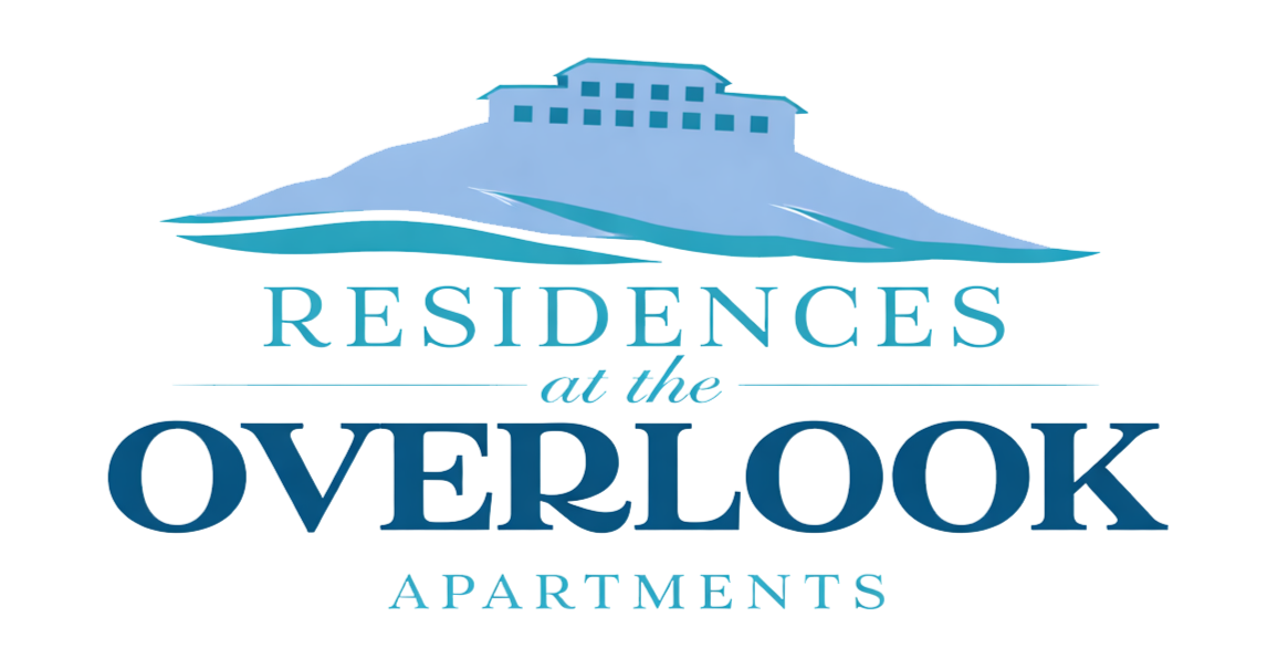 Logo for "Residences at the Overlook Apartments" with a building illustration atop a blue hill.