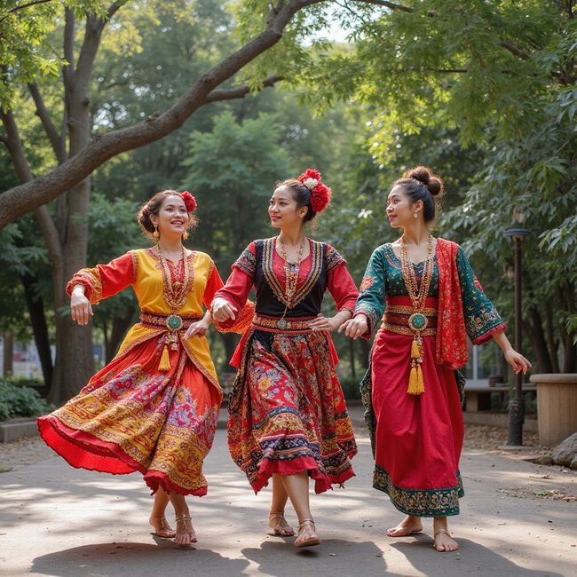 Three women in colorful traditional outfits dance outdoors under trees.