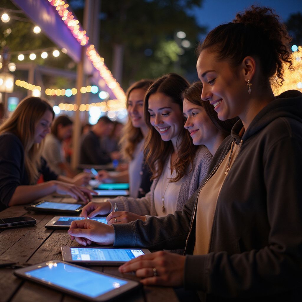 Women smiling, using tablets outdoors at night, under string lights.