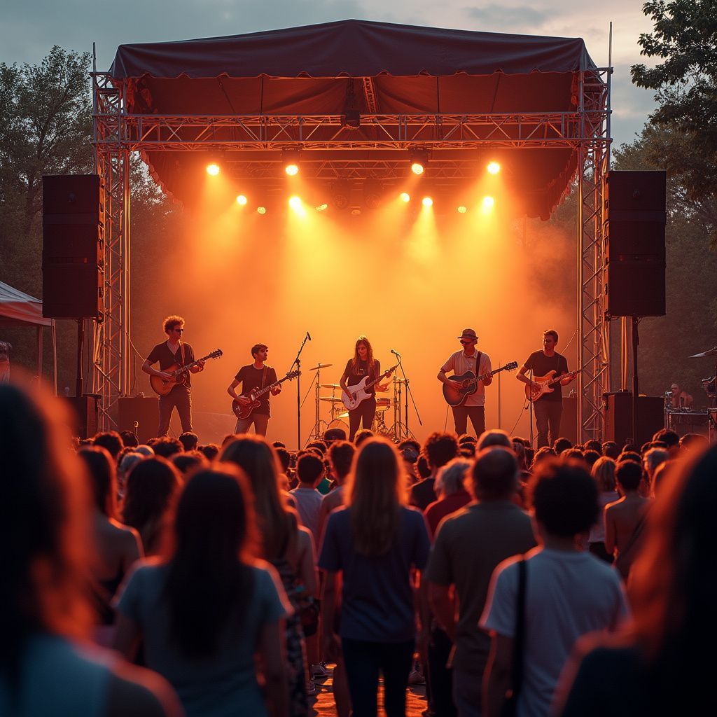 Band playing on stage with a crowd, under orange stage lights.