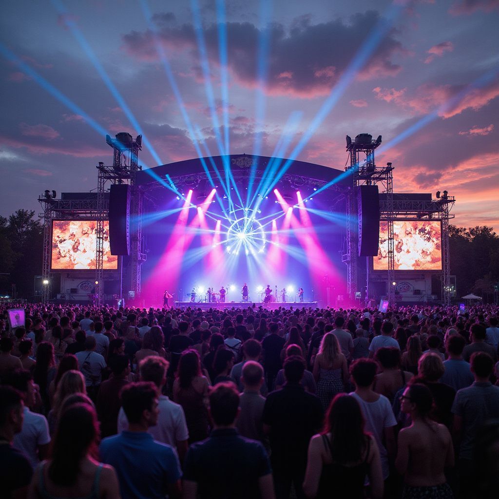 Concert stage with bright lights, band performing, large crowd in front at sunset.